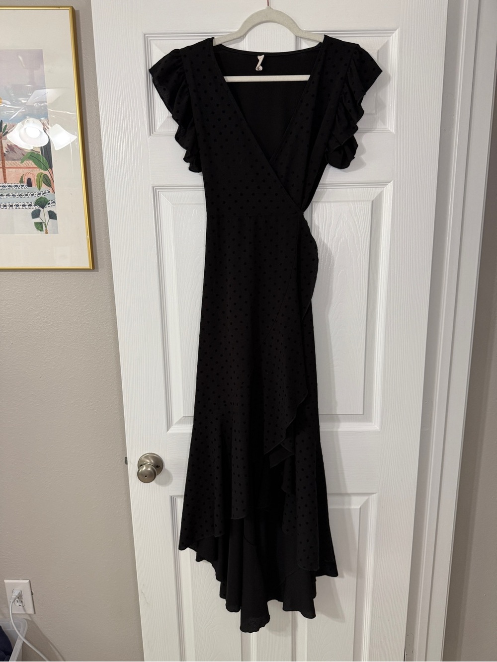 Tyche Black Polka-Dot Ruffle High-Low Wrap Dress